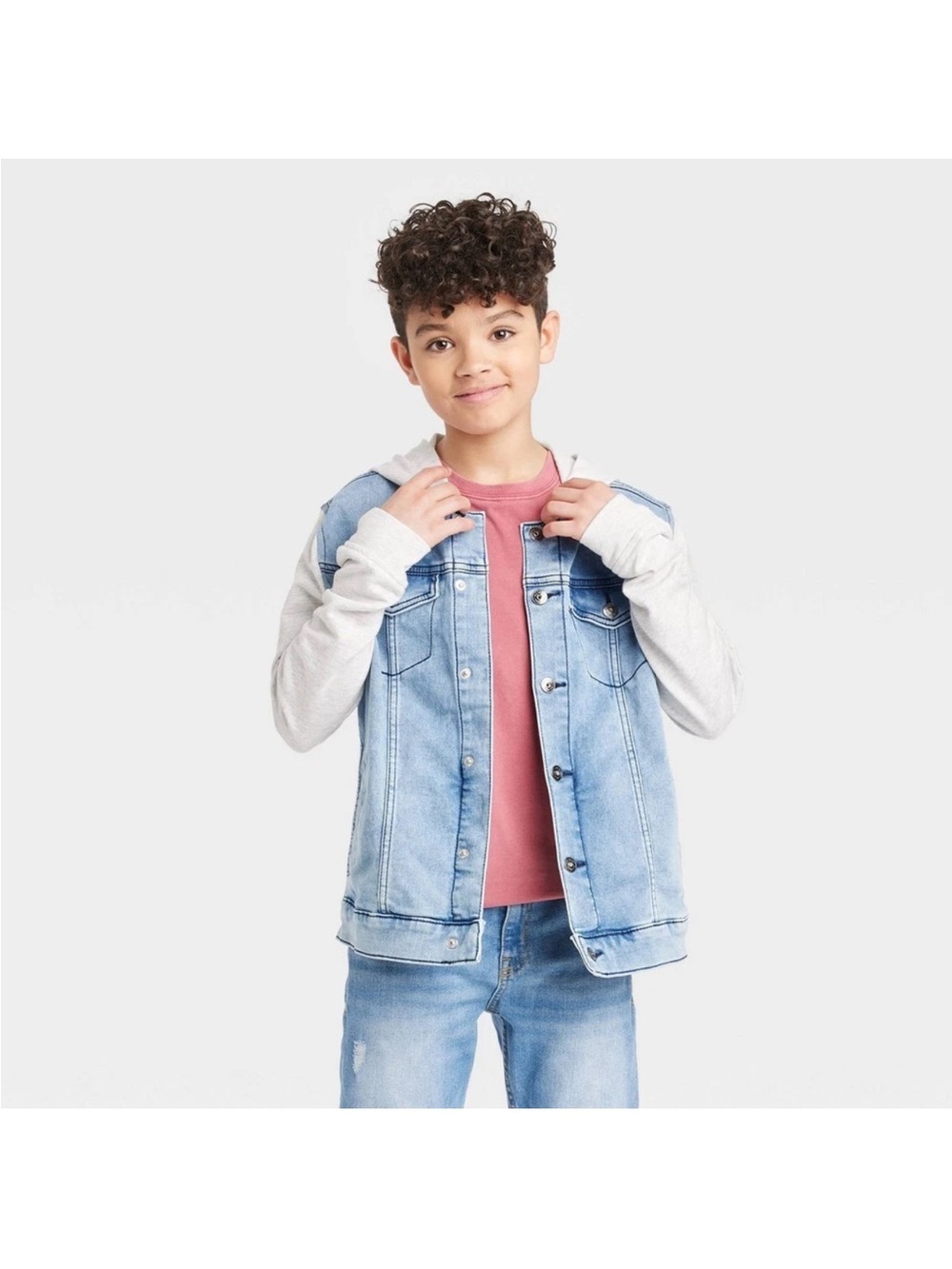 art class Light Blue Denim Jacket with Cream Hoodie Sleeves